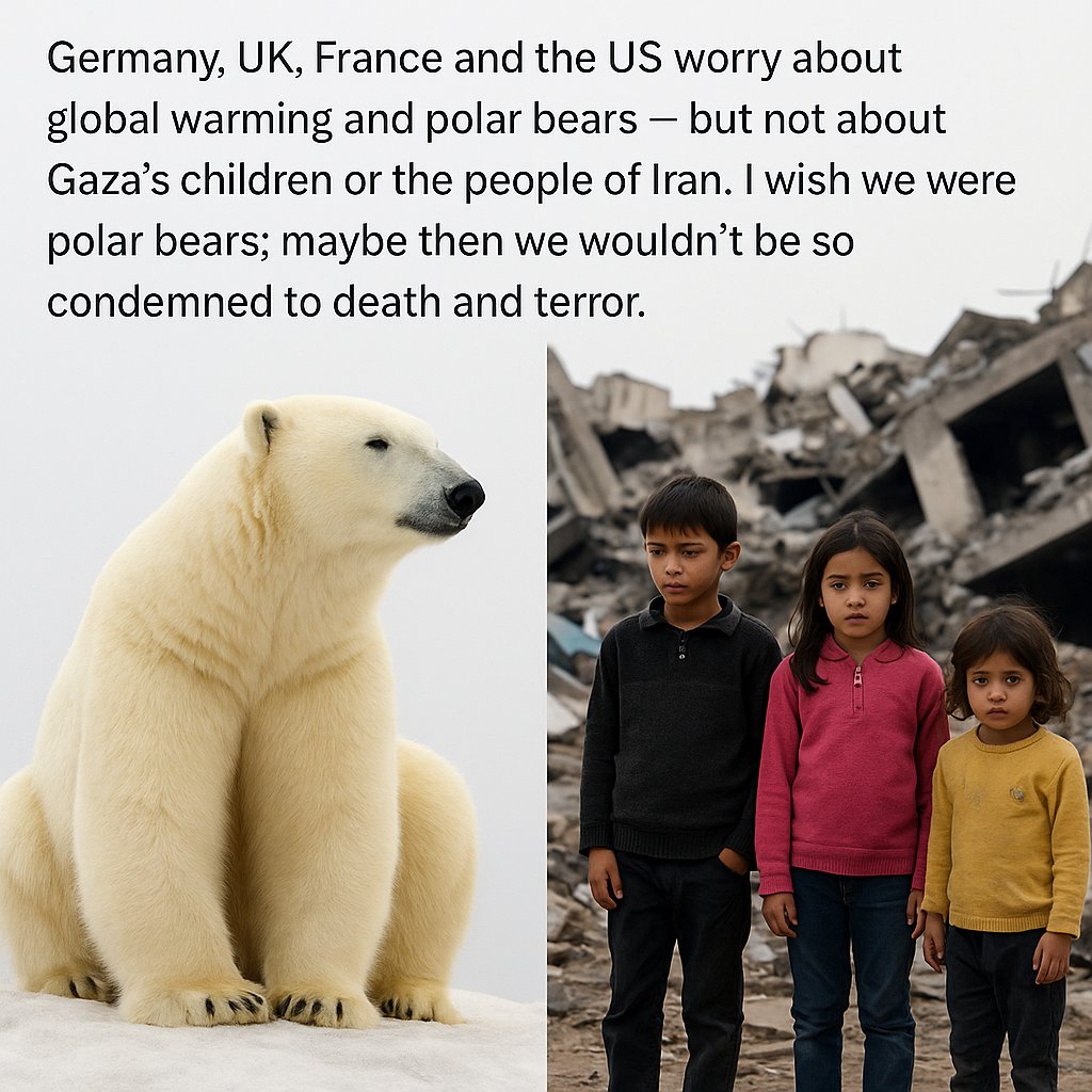 “Germany, UK, France and the US worry about global warming and polar bears — but not about Gaza’s children or the people of Iran. I wish we were polar bears; maybe then we wouldn’t be so condemned to death and terror.”
#Gaza #Israel #global_warming