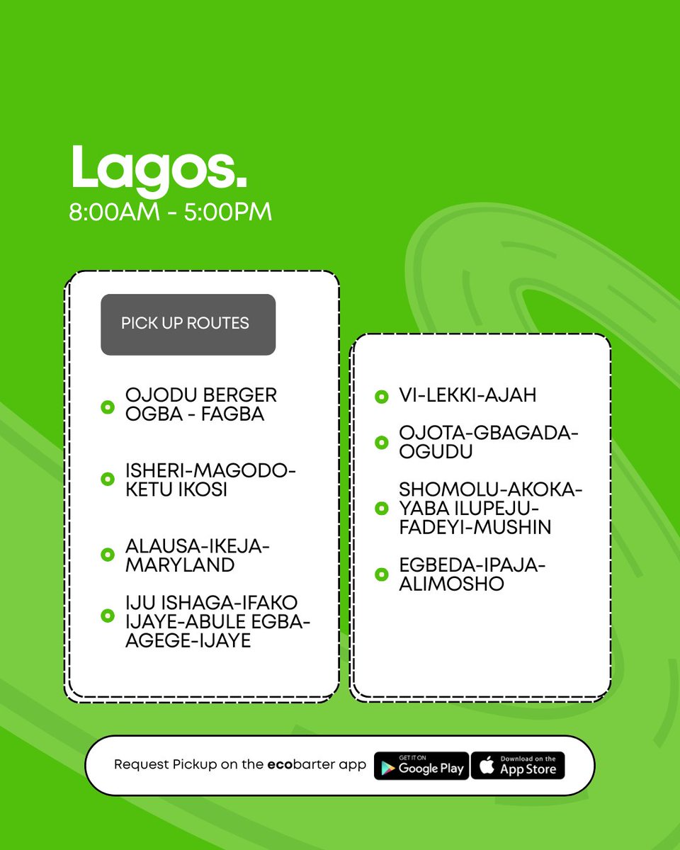*New Pickup Route*
We now provide doorstep pickup in Egbeda, Ipaja and environs. 

If this is your area, you now have an opportunity to conveniently be a part of the solution and not the pollution.
-Sort your wastes, 
-Request pickup
-Recycle and earn with us