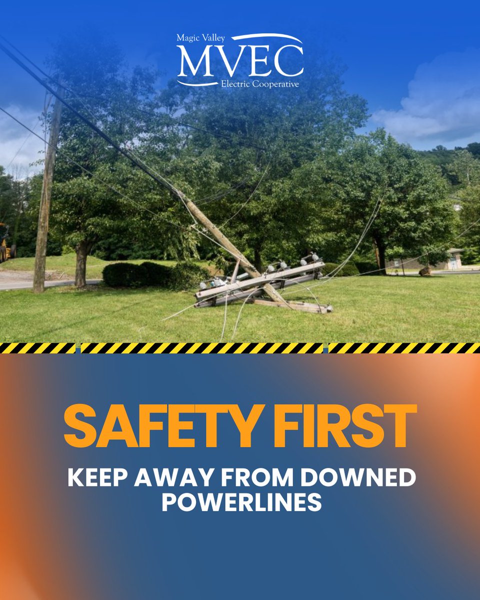 MagicValleyEC's tweet image. ⚠️ Stay alert, stay safe!  

Keep away from downed power lines and always report it  to 911 and MVEC. Your safety matters. #MVEC #SafetyFirst