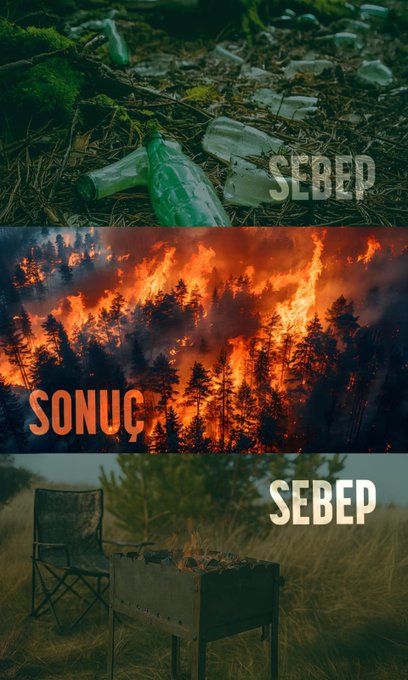 The social media post from Orman Genel Müdürlüğü (@OGMgovtr) contains a series of images aimed at raising awareness about forest fires. The first image shows a lit cigarette on dry leaves with the text "SEBEP" (Cause) and "ORMAN YANGININI ÖNLEMENİN YOLU BELLİ" (The way to prevent forest fires is clear). The second image depicts a campfire with the same "SEBEP" text, followed by an image of a forest fire with "SONUÇ" (Result). The third image shows a cigarette butt among dry leaves with "SEBEP", followed by another forest fire image with "SONUÇ". The final image shows discarded glass bottles in a forest with "SEBEP", and the last image is of a forest fire with "SONUÇ". The post emphasizes the clear cause and effect of human actions leading to forest fires and urges the public to avoid behaviors that could start fires to ensure forests #HiçYanmasın (Never Burn).