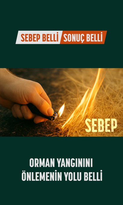 The social media post from Orman Genel Müdürlüğü (@OGMgovtr) contains a series of images aimed at raising awareness about forest fires. The first image shows a lit cigarette on dry leaves with the text "SEBEP" (Cause) and "ORMAN YANGININI ÖNLEMENİN YOLU BELLİ" (The way to prevent forest fires is clear). The second image depicts a campfire with the same "SEBEP" text, followed by an image of a forest fire with "SONUÇ" (Result). The third image shows a cigarette butt among dry leaves with "SEBEP", followed by another forest fire image with "SONUÇ". The final image shows discarded glass bottles in a forest with "SEBEP", and the last image is of a forest fire with "SONUÇ". The post emphasizes the clear cause and effect of human actions leading to forest fires and urges the public to avoid behaviors that could start fires to ensure forests #HiçYanmasın (Never Burn).