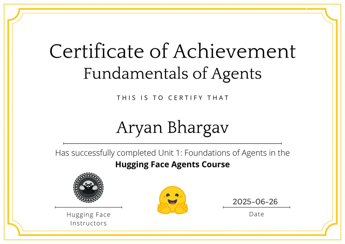 Aryan🥝 #Diversion2k25 (@aryanthinks8) on Twitter photo Learnt about the fundamentals of AI Agents thanks to <a href="/huggingface/">Hugging Face</a>
will try to get even better at making agents now Learnt about the fundamentals of AI Agents thanks to <a href="/huggingface/">Hugging Face</a>
will try to get even better at making agents now