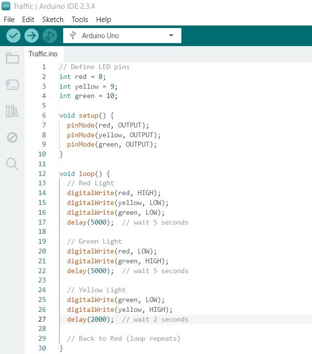 Akoto12Ernest's tweet image. 🚦Arduino Mini Project Alert
Today I built a simple Traffic Light System using:
✅ Arduino Uno
 ✅ 3 LEDs (Red, Yellow, Green)
 ✅ Resistors + Breadboard
Here’s how it works 🧵
#ArduinoProjects #TechEducation