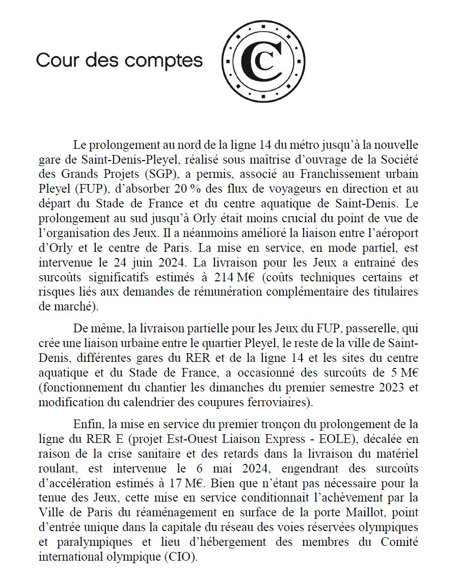 Un rapport de la cour des comptes confirme que ce n'est pas gratuit d'accélérer les projets d'infrastructure (quand c'est techniquement possible) :
+ 214 M€ pour la ligne 14 prolongée
+ 17 M€ pour EOLE bien que l'extension du RER E "n'était pas nécessaire pour la tenue des JO"