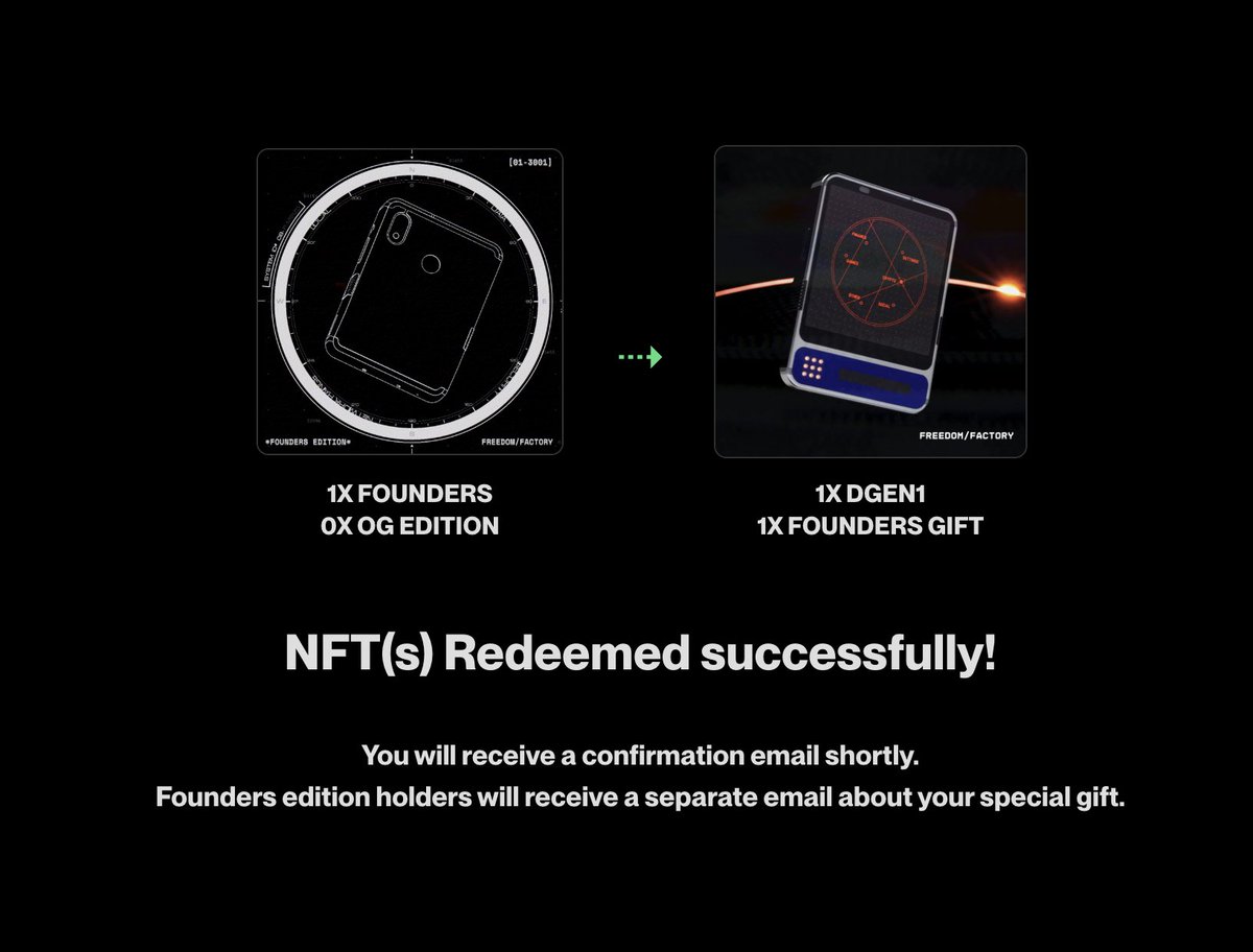 สำหรับคนที่ Pre order dgen1 <a href="/freedomfactory/"></a> ไว้ตอนนี้สามารถเข้าไป Redeem ที่อยู่จัดส่งได้แล้วนะครับ

Link : redeem.freedomfactory.io

เชื่อม Wallet ที่ถือ NFT กรอกที่อยู่จัดส่งแล้วรออีเมลยืนยัน ใครถือ Founders Edition จะได้ NFT ของขวัญเพิ่ม โดยจะเริ่มจัดส่งในเดือนสิงหาคม

#ethos