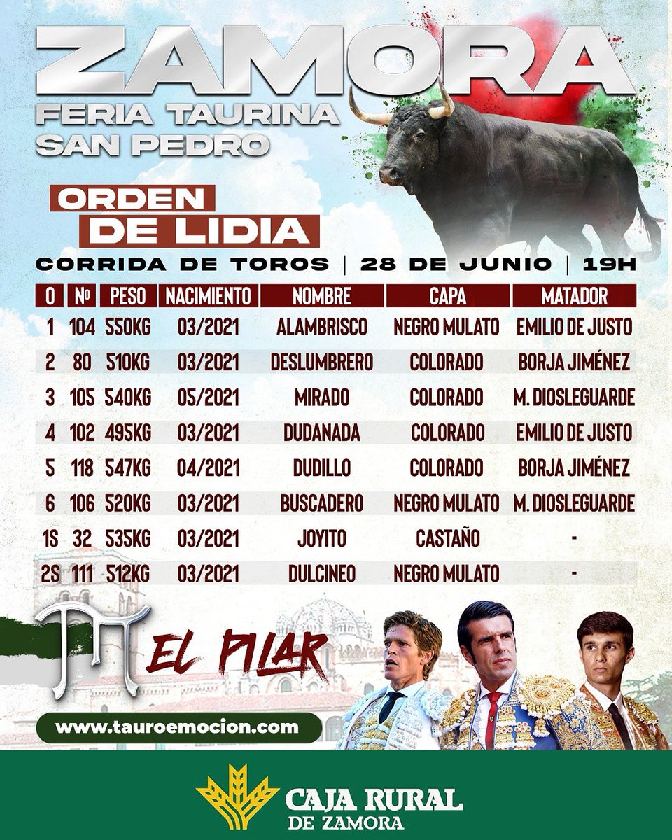 Plaza de toros Zamora (@zamoratoros) on Twitter photo ๐๐ ๐ฆ๐ข๐ฅ๐ง๐๐ข ๐ฌ ๐ข๐ฅ๐๐๐ก ๐๐ ๐๐๐๐๐
Toros de ๐๐ ๐ฃ๐๐๐๐ฅ para esta tarde en Zamora.
๐ฅ ๐๐ ๐๐๐๐ข ๐๐ ๐๐จ๐ฆ๐ง๐ข
๐ฅ ๐๐ข๐ฅ๐๐ ๐๐๐ ๐๐ก๐๐ญ
๐ฅ ๐ ๐๐ก๐จ๐๐ ๐๐๐ข๐ฆ๐๐๐๐จ๐๐ฅ๐๐
๐๏ธ ๐จฬ๐๐ง๐๐ ๐๐ฆ ๐๐ก๐ง๐ฅ๐๐๐๐ฆ en taquillas y en tauroemocion.com ๐๐ ๐ฆ๐ข๐ฅ๐ง๐๐ข ๐ฌ ๐ข๐ฅ๐๐๐ก ๐๐ ๐๐๐๐๐
Toros de ๐๐ ๐ฃ๐๐๐๐ฅ para esta tarde en Zamora.
๐ฅ ๐๐ ๐๐๐๐ข ๐๐ ๐๐จ๐ฆ๐ง๐ข
๐ฅ ๐๐ข๐ฅ๐๐ ๐๐๐ ๐๐ก๐๐ญ
๐ฅ ๐ ๐๐ก๐จ๐๐ ๐๐๐ข๐ฆ๐๐๐๐จ๐๐ฅ๐๐
๐๏ธ ๐จฬ๐๐ง๐๐ ๐๐ฆ ๐๐ก๐ง๐ฅ๐๐๐๐ฆ en taquillas y en tauroemocion.com