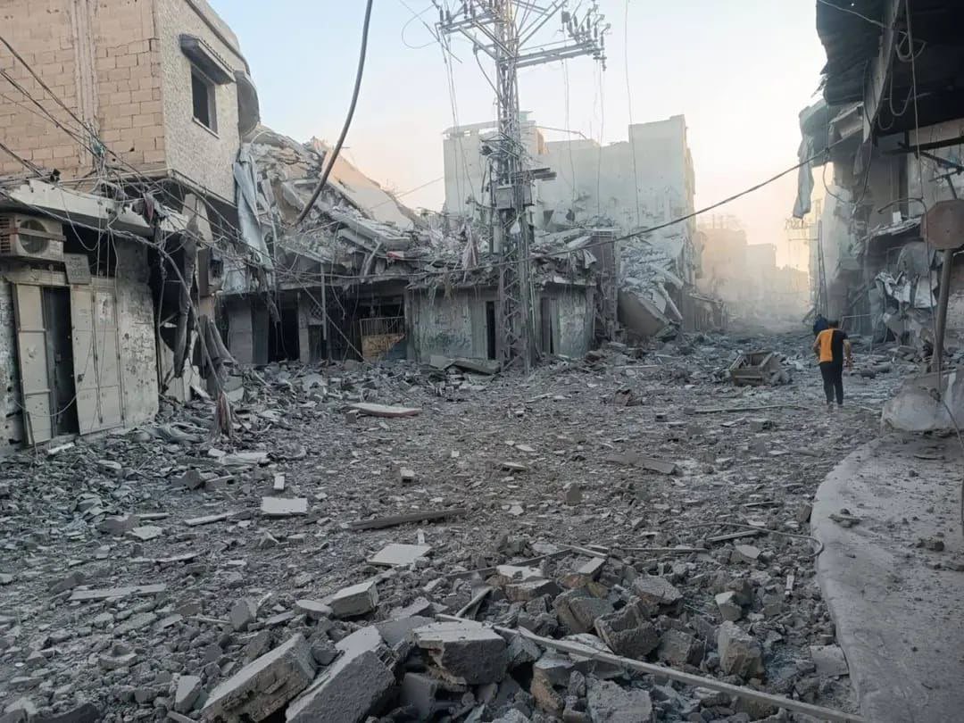 Widespread destruction at the Halabi Junction in Jabalia, northern Gaza Strip, following an Israeli strike on a residential block in the area.