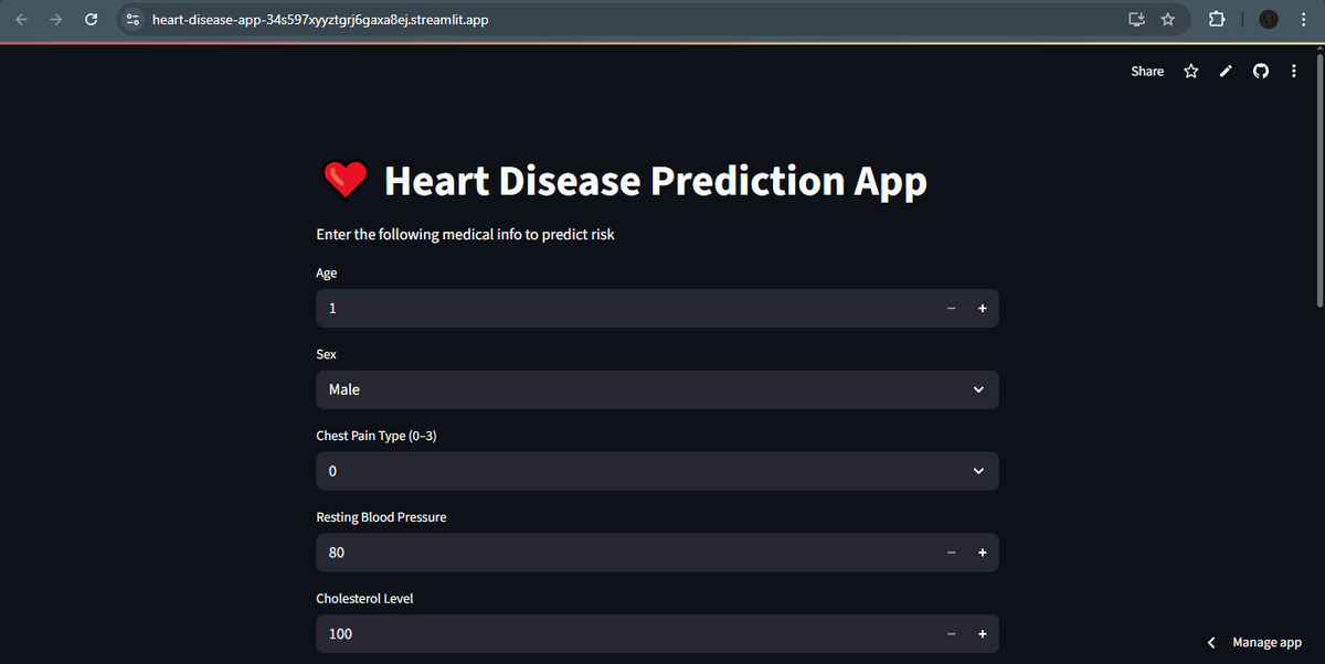 LamsalYTz's tweet photo. DAY 33  of ML Journey — First AI App Deployed! 🚀

Built with Python, trained with ML, deployed with Streamlit.

Predicts heart disease from real input — check it out LIVE:
🔗 https://t.co/sNSosia2gq

#ML #Python #Streamlit #AIApp #MachineLearningJourney https://t.co/205HSSd7DW