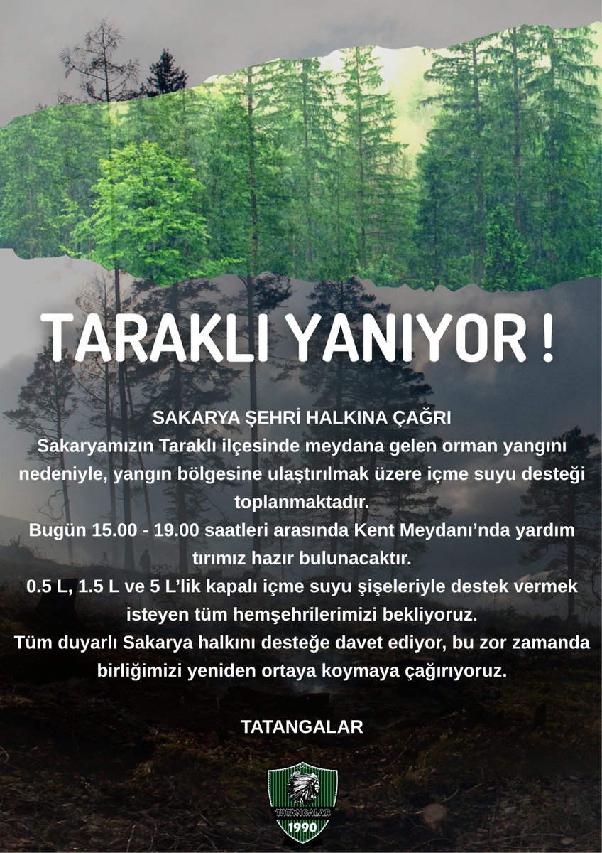 Sakaryamızın Taraklı ilçesinde meydana gelen orman yangını nedeniyle, yangın bölgesine ulaştırılmak üzere içme suyu desteği toplanmaktadır.

Bugün 15.00 - 19.00 saatleri arasında Kent Meydanı’nda yardım tırımız hazır bulunacaktır.

0.5 L, 1.5 L ve 5 L’lik kapalı içme suyu