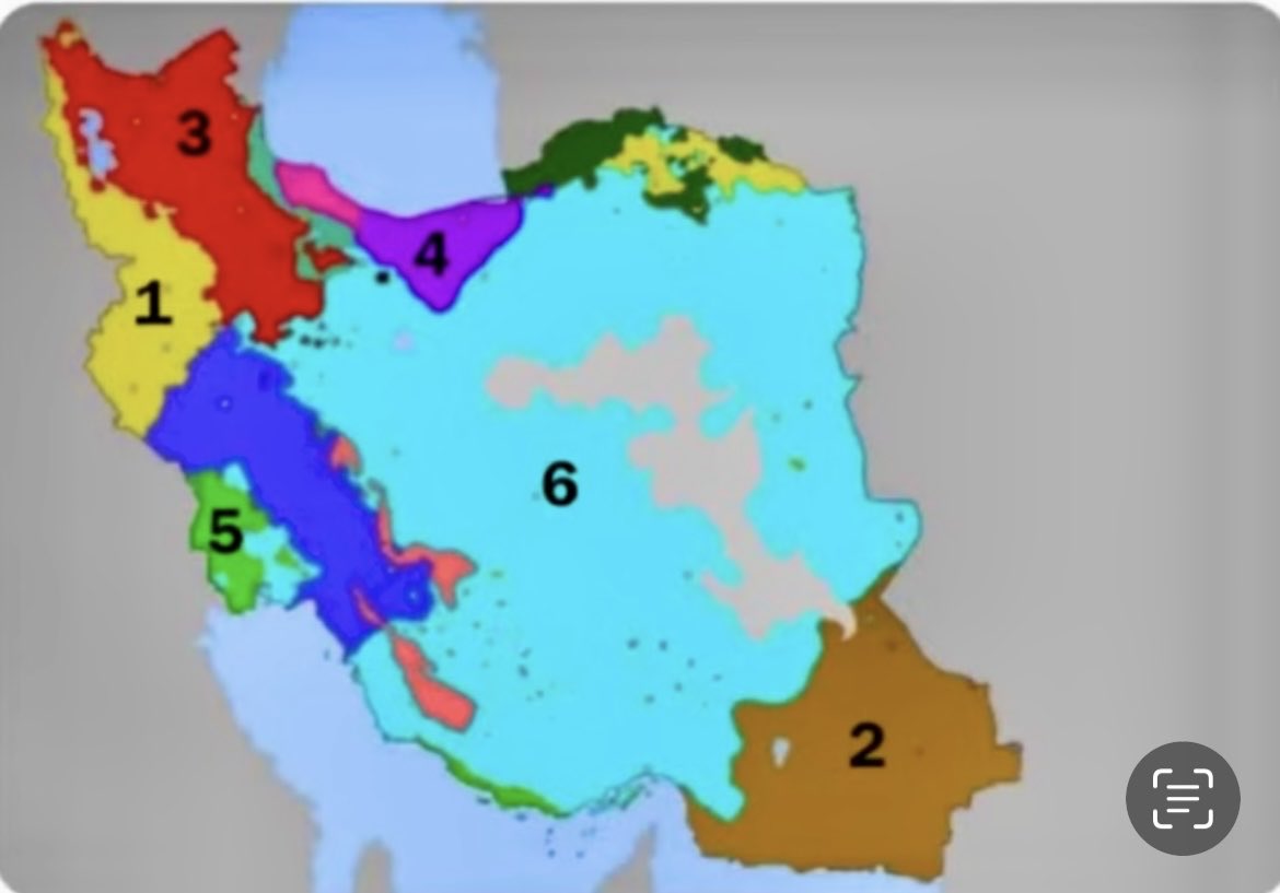 MarcFromager's tweet image. L’#Iran reste une cible. Riche en hydrocarbures, au carrefour des axes de projection #Russie &amp;amp; #Chine, le pays, surtout perse 6, comporte des minorités - Kurdes 1, Baloutches 2, Azéris 3, Mazandaranis 4 et Arabes 5. Certains rêvent de déchirer le puzzle ! Guerre saison 2 à venir.