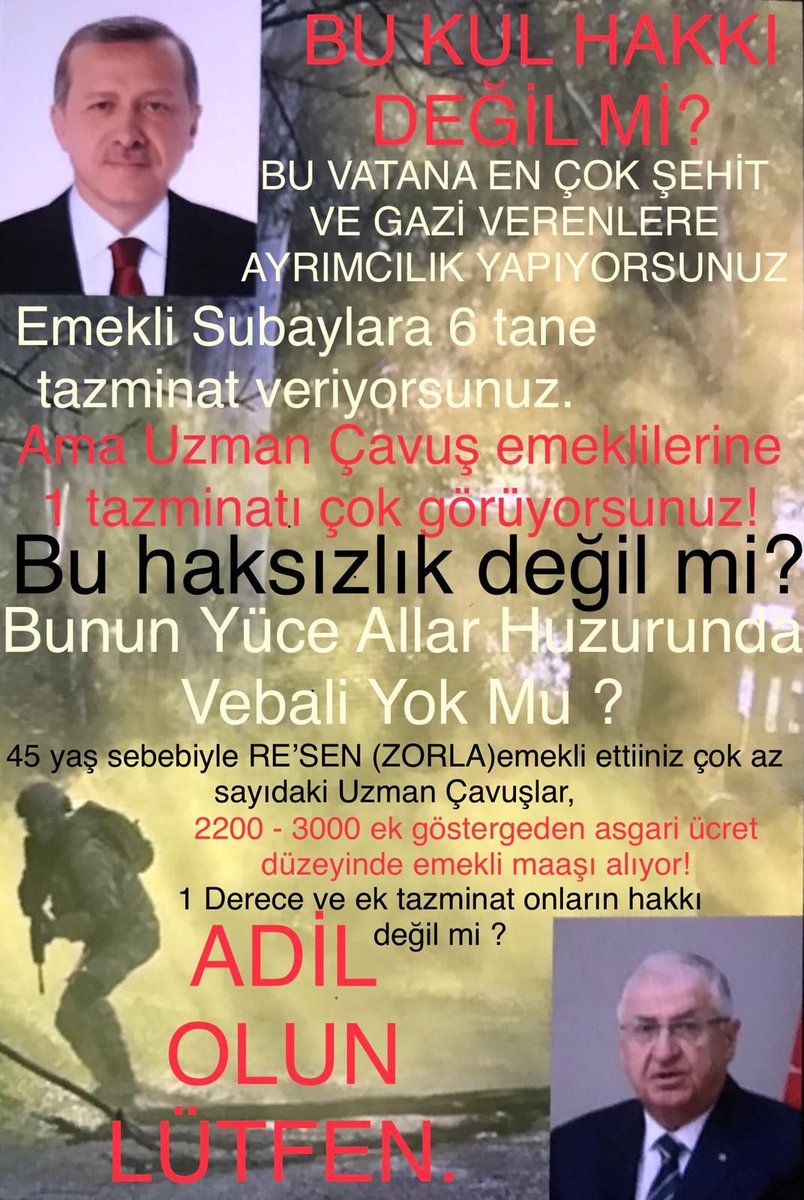 <a href="/ibrahim_0634/">İbrahim Akduman (1)</a> <a href="/slamGKSAL127401/">GÖKSAL İSLAM TEMUD İSTANBUL ŞUBE</a> <a href="/alitilkici38/">Ali Tilkici 🇹🇷</a> <a href="/TEMUD_2024/">TEMUD Türkiye Emekli Uzman Erbaşlar Derneği</a> <a href="/RTErdogan/">Recep Tayyip Erdoğan</a> <a href="/tcsavunma/">T.C. Millî Savunma Bakanlığı</a> <a href="/tcbestepe/">T.C. Cumhurbaşkanlığı</a> <a href="/TC_icisleri/">T.C. İçişleri Bakanlığı</a> <a href="/_cevdetyilmaz/">Cevdet Yılmaz</a> <a href="/TBMMGenelKurulu/">TBMM Genel Kurulu</a> <a href="/hulusiakarmedya/">Hulusi AKAR</a> <a href="/Akparti/">AK Parti</a> <a href="/nacibostanci/">M. Naci Bostancı</a> <a href="/akbasogluemin/">Av. M.Emin AKBAŞOĞLU 🇹🇷</a> <a href="/AliYerlikaya/">Ali Yerlikaya</a> <a href="/UlviYonter/">Dr.İzzet Ulvi YÖNTER</a> <a href="/dbdevletbahceli/">Devlet Bahçeli</a> <a href="/mustafaelitas/">Mustafa Elitaş</a> <a href="/erkanakcay45/">Erkan Akçay</a> <a href="/dijital/">Dijital</a> <a href="/Haber24Turkiye/">HABER24</a> <a href="/ErcanSeki/">ERCAN SEKİ</a> <a href="/AACanli/">AA Canlı</a> <a href="/ihacomtr/">İhlas Haber Ajansı</a> <a href="/dhainternet/">Demirören Haber Ajansı</a> <a href="/ahaber/">A Haber</a> <a href="/trthaber/">TRT HABER</a> <a href="/Pes24com/">PES24ᅠᅠᅠᅠᅠᅠᅠᅠᅠᅠᅠᅠᅠᅠᅠᅠᅠᅠᅠᅠᅠᅠᅠᅠᅠᅠᅠᅠᅠᅠᅠᅠᅠᅠᅠᅠᅠᅠᅠᅠᅠᅠᅠ</a> <a href="/atvcomtr/">atv</a> <a href="/ntv/">NTV</a> <a href="/startv/">STAR TV</a> <a href="/Kamubiz_com/">Kamubiz.com WhatsApp: 0534 412 78 55</a> <a href="/tgrthabertv/">TGRT HABER</a> <a href="/kamudanhaber/">Kamudanhaber🇹🇷</a> <a href="/memurlarnet/">MemurlarNet</a> <a href="/internethaber/">internethaber.com</a> <a href="/memetsimsek/">Mehmet Simsek</a> <a href="/HMBakanligi/">T.C. Hazine ve Maliye Bakanlığı</a> Düşük maaş derecelerinde zorla emekliliğe sevk edilerek
Geçim sıkıntısı yaşatılan
Emekli #UzmanÇavuş'lara verilen tazminat sözünün bir an önce <a href="/HMBakanligi/">T.C. Hazine ve Maliye Bakanlığı</a>'mız Sayın <a href="/memetsimsek/">Mehmet Simsek</a> tarafından onaylanmasını bekliyoruz
<a href="/RTErdogan/">Recep Tayyip Erdoğan</a>
<a href="/dbdevletbahceli/">Devlet Bahçeli</a>
#EmekliMemur 
#MemurEmeklisineAdalet