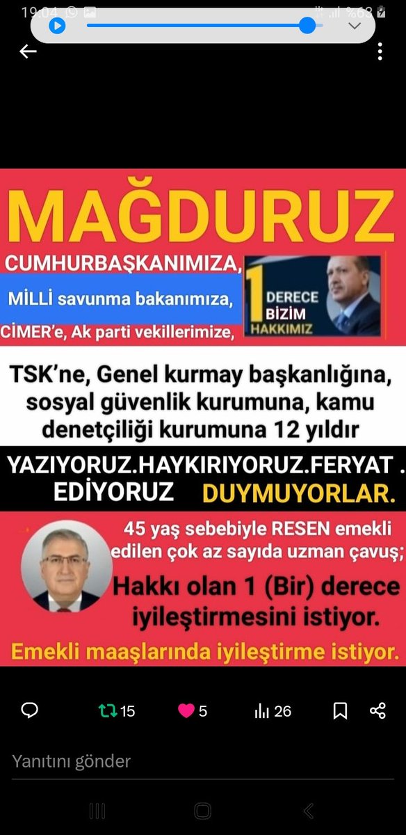 <a href="/ibrahim_0634/">İbrahim Akduman (1)</a> <a href="/slamGKSAL127401/">GÖKSAL İSLAM TEMUD İSTANBUL ŞUBE</a> <a href="/alitilkici38/">Ali Tilkici 🇹🇷</a> <a href="/TEMUD_2024/">TEMUD Türkiye Emekli Uzman Erbaşlar Derneği</a> <a href="/RTErdogan/">Recep Tayyip Erdoğan</a> <a href="/tcsavunma/">T.C. Millî Savunma Bakanlığı</a> <a href="/tcbestepe/">T.C. Cumhurbaşkanlığı</a> <a href="/TC_icisleri/">T.C. İçişleri Bakanlığı</a> <a href="/_cevdetyilmaz/">Cevdet Yılmaz</a> <a href="/TBMMGenelKurulu/">TBMM Genel Kurulu</a> <a href="/hulusiakarmedya/">Hulusi AKAR</a> <a href="/Akparti/">AK Parti</a> <a href="/nacibostanci/">M. Naci Bostancı</a> <a href="/akbasogluemin/">Av. M.Emin AKBAŞOĞLU 🇹🇷</a> <a href="/AliYerlikaya/">Ali Yerlikaya</a> <a href="/UlviYonter/">Dr.İzzet Ulvi YÖNTER</a> <a href="/dbdevletbahceli/">Devlet Bahçeli</a> <a href="/mustafaelitas/">Mustafa Elitaş</a> <a href="/erkanakcay45/">Erkan Akçay</a> <a href="/dijital/">Dijital</a> <a href="/Haber24Turkiye/">HABER24</a> <a href="/ErcanSeki/">ERCAN SEKİ</a> <a href="/AACanli/">AA Canlı</a> <a href="/ihacomtr/">İhlas Haber Ajansı</a> <a href="/dhainternet/">Demirören Haber Ajansı</a> <a href="/ahaber/">A Haber</a> <a href="/trthaber/">TRT HABER</a> <a href="/Pes24com/">PES24ᅠᅠᅠᅠᅠᅠᅠᅠᅠᅠᅠᅠᅠᅠᅠᅠᅠᅠᅠᅠᅠᅠᅠᅠᅠᅠᅠᅠᅠᅠᅠᅠᅠᅠᅠᅠᅠᅠᅠᅠᅠᅠᅠ</a> <a href="/atvcomtr/">atv</a> <a href="/ntv/">NTV</a> <a href="/startv/">STAR TV</a> <a href="/Kamubiz_com/">Kamubiz.com WhatsApp: 0534 412 78 55</a> <a href="/tgrthabertv/">TGRT HABER</a> <a href="/kamudanhaber/">Kamudanhaber🇹🇷</a> <a href="/memurlarnet/">MemurlarNet</a> <a href="/internethaber/">internethaber.com</a> <a href="/memetsimsek/">Mehmet Simsek</a> <a href="/HMBakanligi/">T.C. Hazine ve Maliye Bakanlığı</a> Düşük maaş derecelerinde zorla emekliliğe sevk edilerek
Geçim sıkıntısı yaşatılan
Emekli #UzmanÇavuş'lara verilen tazminat sözünün bir an önce <a href="/HMBakanligi/">T.C. Hazine ve Maliye Bakanlığı</a>'mız Sayın <a href="/memetsimsek/">Mehmet Simsek</a> tarafından onaylanmasını bekliyoruz
<a href="/RTErdogan/">Recep Tayyip Erdoğan</a>
<a href="/dbdevletbahceli/">Devlet Bahçeli</a>
#EmekliMemur 
#MemurEmeklisineAdalet