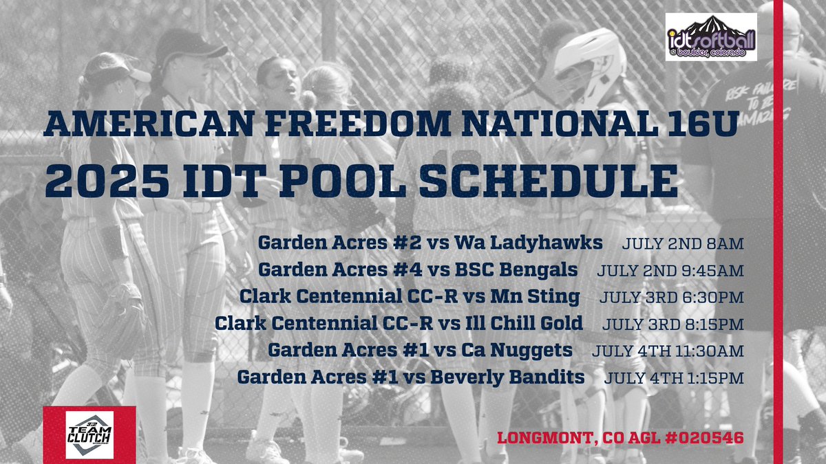 🚨 Schedule Drop! 🚨 American Freedom National 16U is gearing up for IDT Pool action in Longmont, CO! Follow our journey with AGL #020546. #AFSBALL #RecruitAFSB #TeamClutch3N2 #IDT