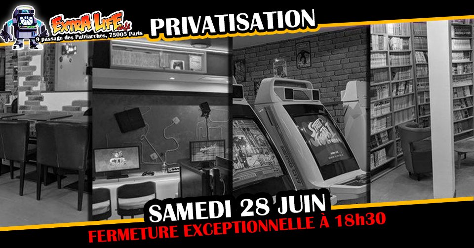 ExtraLifeCafe's tweet image. Chèr.e.s client.e.s,

Nous vous informons que, dans le cadre de la soirée Retro Découverte, le café sera privatisé ce

Samedi 28 juin

Le café reste cependant ouvert de 14h00 à 18h30

attention de ne pas arriver trop tard si vous n&apos;avez pas reservé votre soirée !

Nous nous…