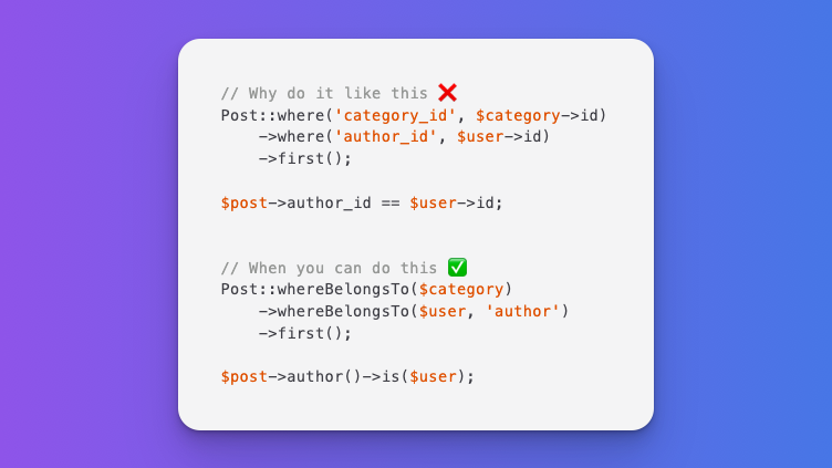 #Laravel Tip

Did you know... Laravel understands your relations and lets you write much cleaner code👇