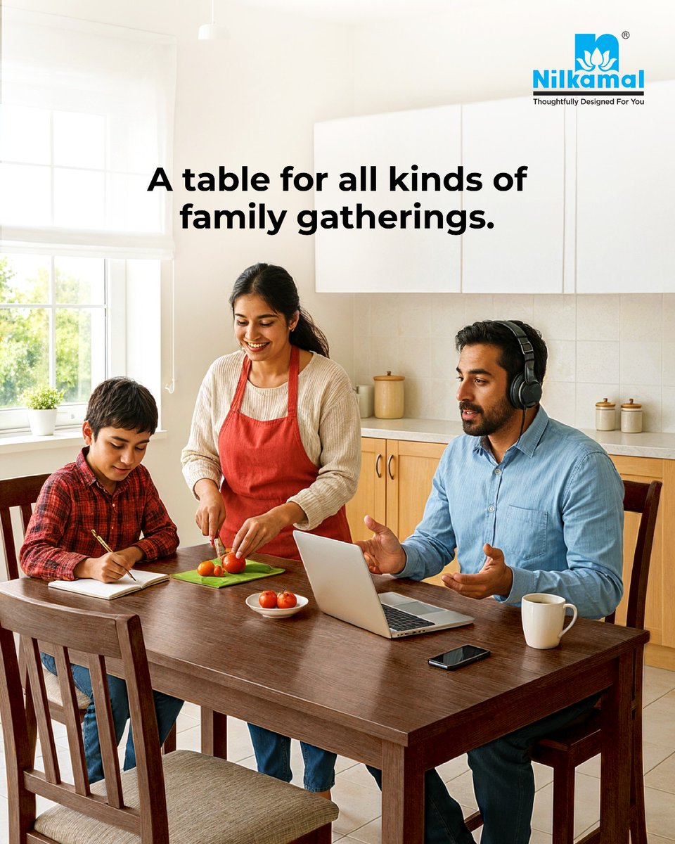 From breakfast to brainstorming, one table does it all. 💻📖
Nilkamal Dining Tables.

#NilkamalFurniture #thoughtfullydesignedforyou #diningtable #familytime #nilkamalchairs #modernhome 

[Nilkamal Furniture, Dining Tables, contemporary design, durable]