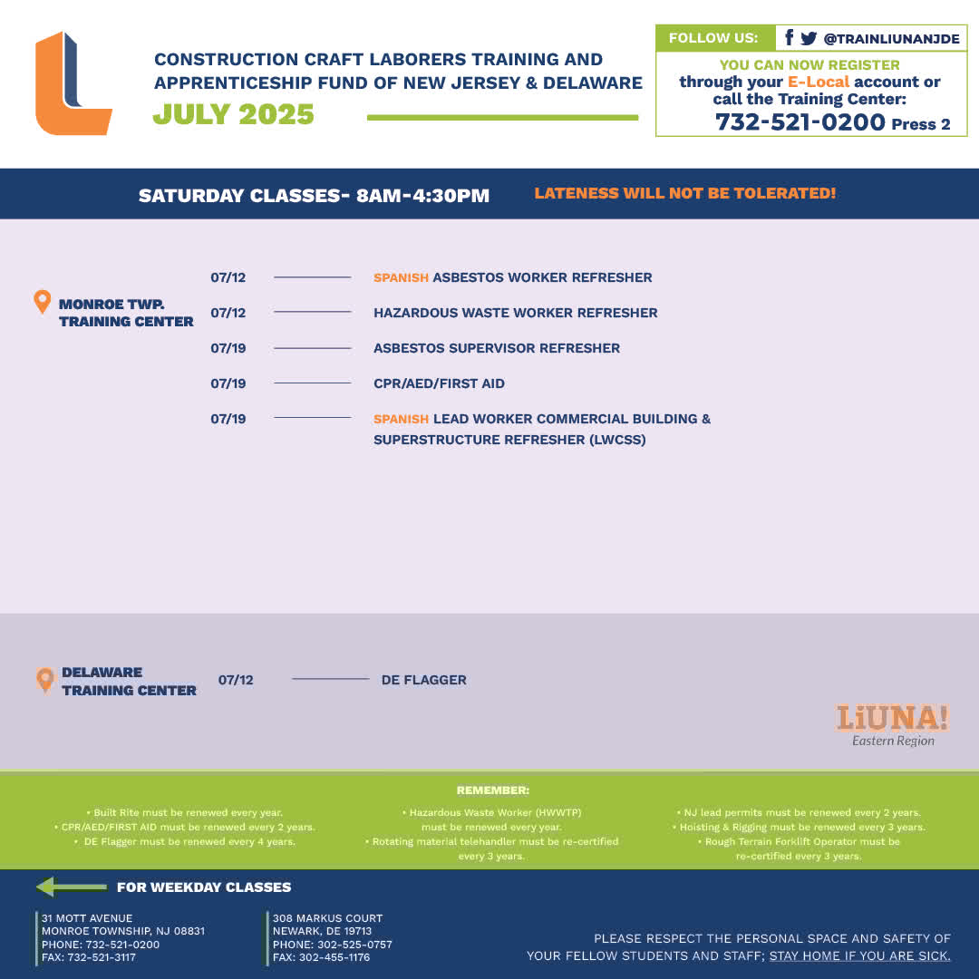 Train LIUNA NJ DE (@trainliunanjde) on Twitter photo #ICYMI: <a href="/trainliunanjde/">Train LIUNA NJ DE</a> published their July 2025 class schedules.
⚠️ If you need new #Training or a refresher YOU MUST PRE-REGISTER! Call 732-521-0200 (NJ) or 302-525-0757 (DE).
You can also visit elocal-liuna.org/login to register for classes. #ICYMI: <a href="/trainliunanjde/">Train LIUNA NJ DE</a> published their July 2025 class schedules.
⚠️ If you need new #Training or a refresher YOU MUST PRE-REGISTER! Call 732-521-0200 (NJ) or 302-525-0757 (DE).
You can also visit elocal-liuna.org/login to register for classes.