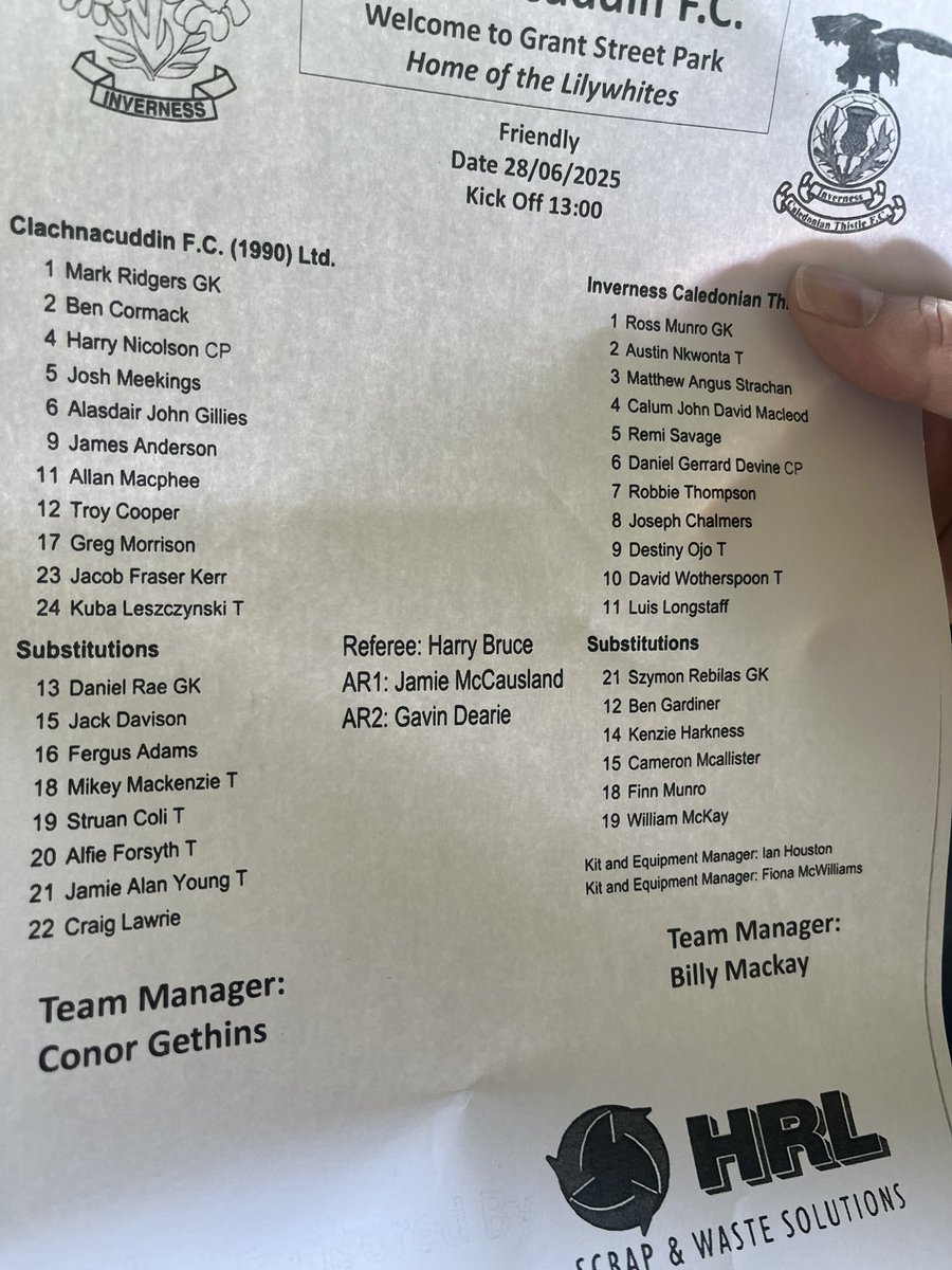 Team lineups for Clachnacuddin and Caley Thistle.