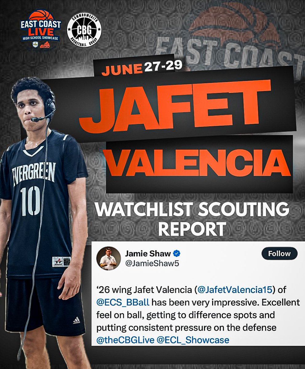 Commonwealth Basketball Group (@thecbglive) on Twitter photo National analyst <a href="/JamieShaw5/">Jamie Shaw</a> take on breakout performer <a href="/JafetValencia15/">Jafet Valencia</a> from day one of the <a href="/ECL_Showcase/">East Coast Live</a> National analyst <a href="/JamieShaw5/">Jamie Shaw</a> take on breakout performer <a href="/JafetValencia15/">Jafet Valencia</a> from day one of the <a href="/ECL_Showcase/">East Coast Live</a>