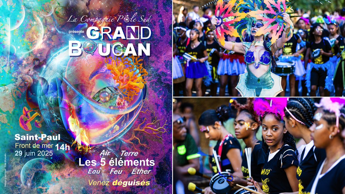 outremers360's tweet image. Les 5 éléments : #Air, #Terre, #Feu,#Eau et Ether, thème de la 27ème édition du Carnaval #GrandBoucan de #LaRéunion

➡️tinyurl.com/m33e67za

➡️ Le Grand Boucan, le carnaval haut en couleur de l’Ouest réunionnais, revient pour une 27ème édition le 29 juin 2025 sur le Front de
