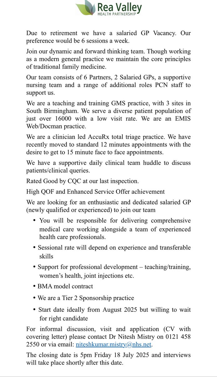 We are hiring! Rea Valley Health Partnership in South Birmingham are looking to recruit a salaried GP (open to both newly qualified and more experienced GPs) to replace our retiring salaried GP. Please share with anybody who may be interested.