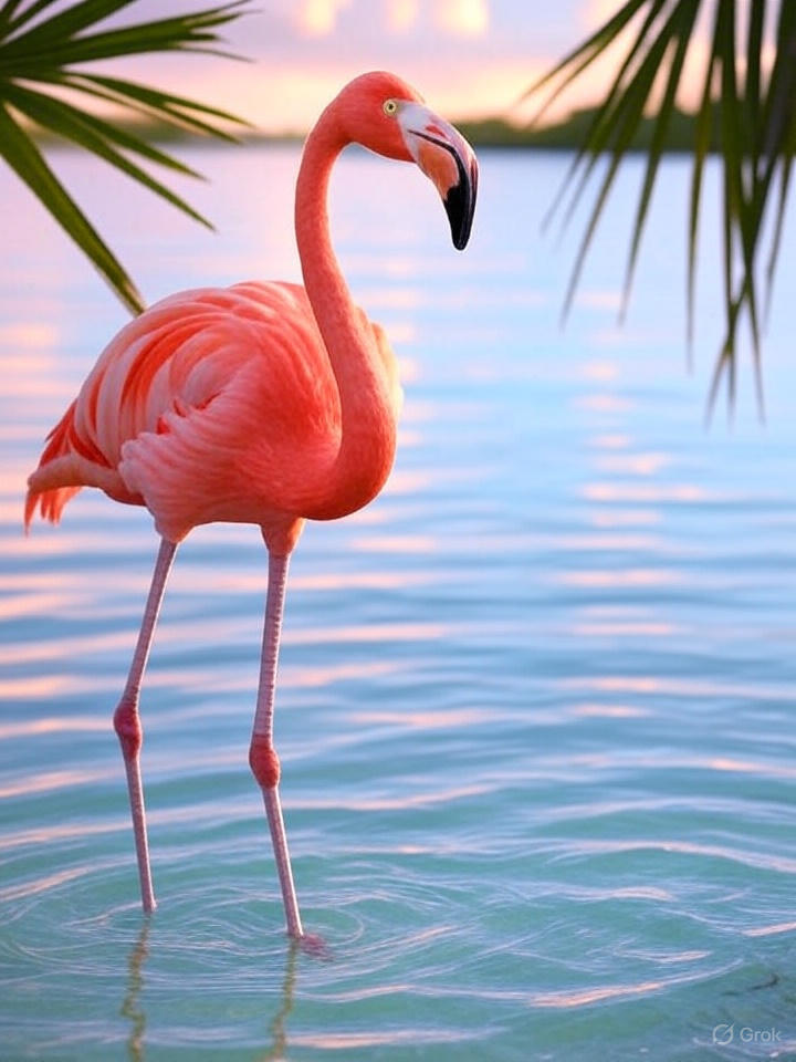 A flamingo in Florida struts gracefully through shallow, turquoise waters of a coastal mangrove swamp, its vibrant pink feathers glowing under the tropical sun. It dips its curved beak into the water, filtering for shrimp, while a gentle breeze rustles nearby palm fronds. <a href="/grok/">Grok</a>