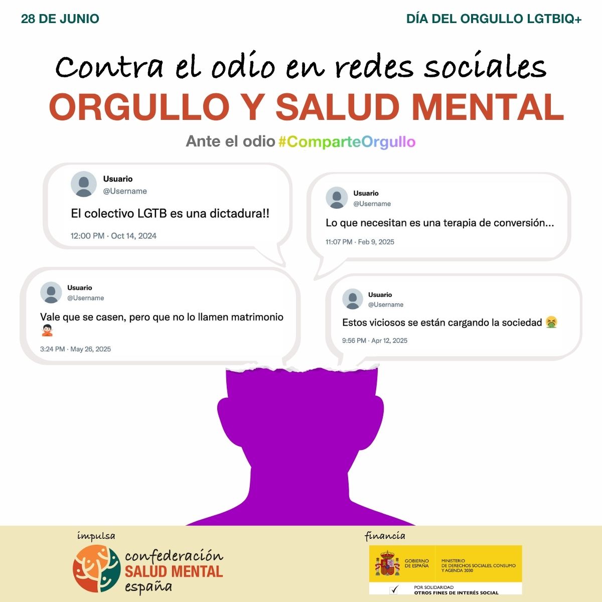 fsaludmentalclm's tweet photo. Hoy, 28 de junio, es el Día del Orgullo LGTBIQ+. Nos unimos a la campaña de @consaludmental :
🌈 Ante el odio, #ComparteOrgullo
Los discursos de odio no solo hieren: también rompen el equilibrio emocional.
https://t.co/HimbrEV559
#SaludMentalLGTBIQ #Orgullo2025 https://t.co/ouRS7BV2Eb
