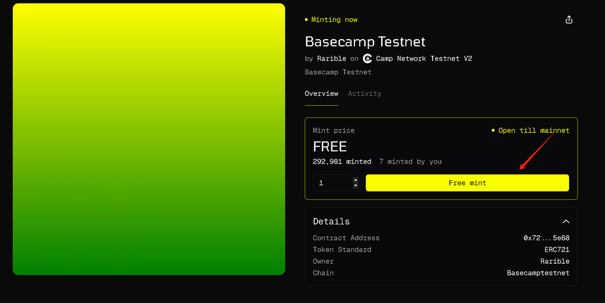 Camp Network  的Basecamp Testnet 去Mint 下，限时，free mint 不限数量

没水的先领水：faucet.campnetwork.xyz

mint 入口：rarible.fun/collections/ba…

另外30号 晚上10点The Climb 开启mint ,需要0.001个camp
mint 入口：rarible.fun/collections/ba…

公共测试网第一阶段已结束，看官方的数据有4500