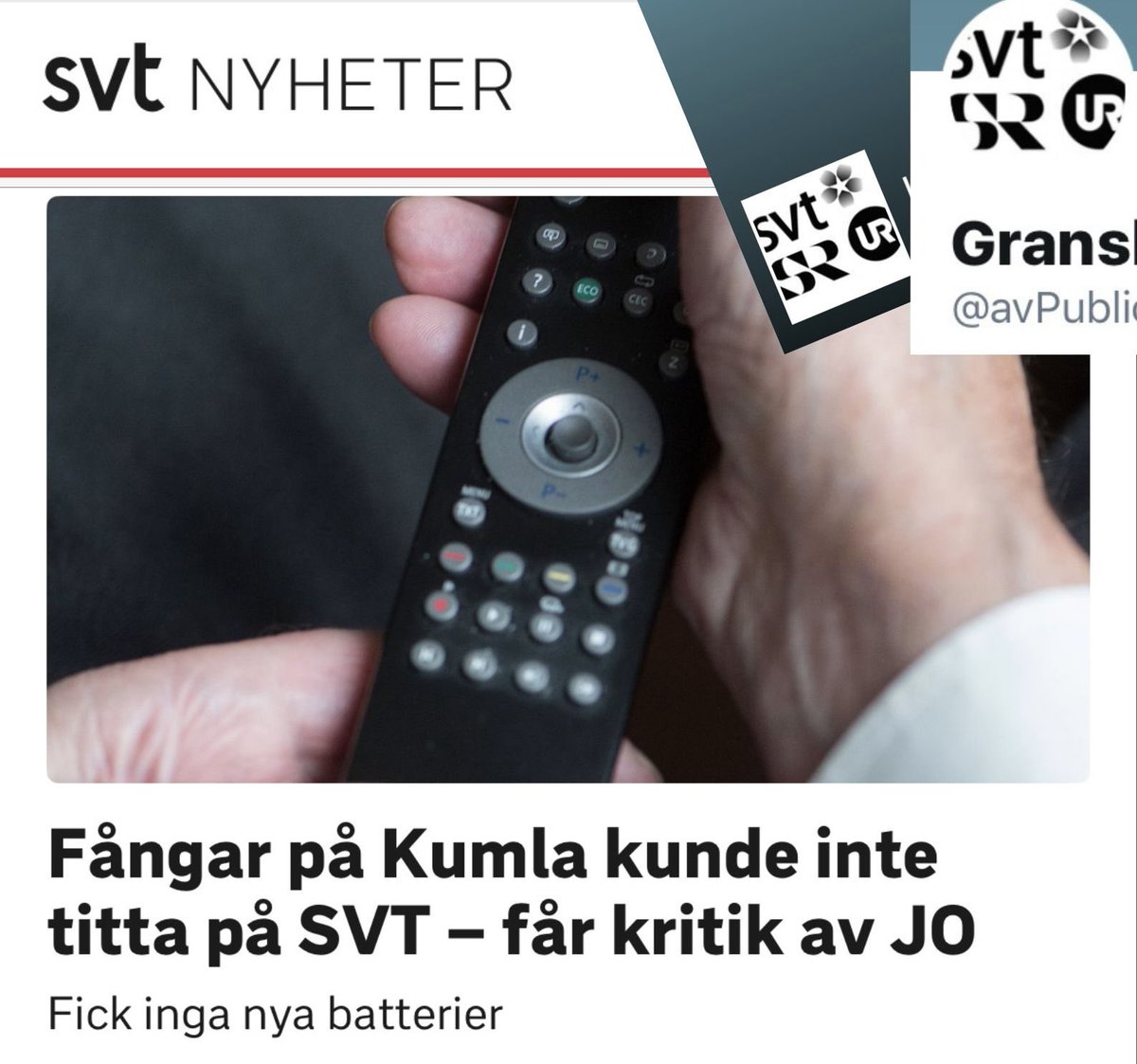Fångar tillfälligt befriade från @SVT:s (h)järngrepp

@SVT: ”JO riktar kritik mot Kriminalvården i Kumla, för att fångarna inte haft möjlighet att använda sin tv i bostadsrummen korrekt. De intagna hade inte tillgång till SVT och TV4 som lagen anger.”

@SVTNyheter #journalistik