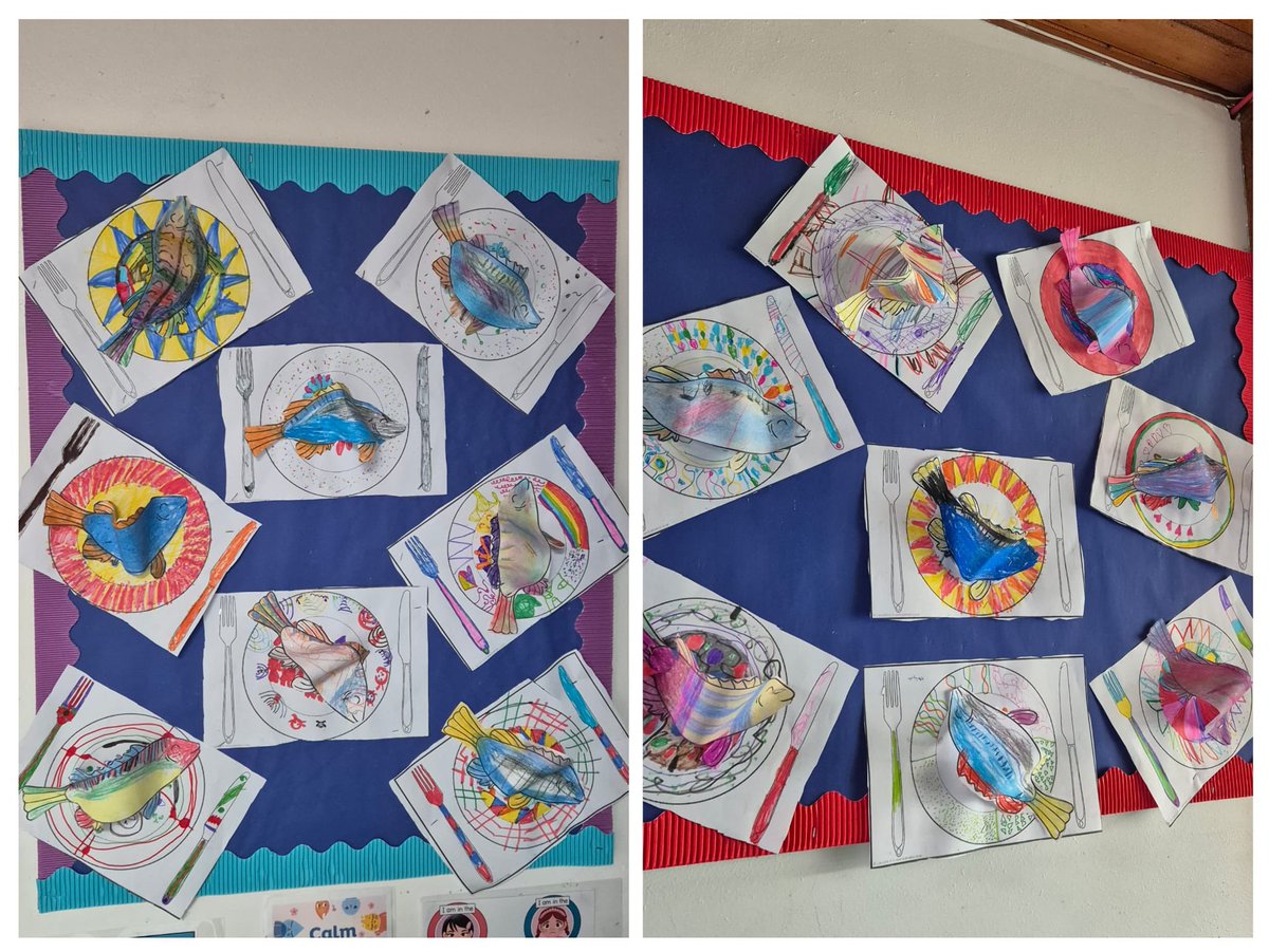 Year 1 created colourful mackerel art! Using oil pastels, they designed their own fish based on real mackerel markings, then made vibrant plates using felt pens. A fun and creative one-off project: "Thou Shalt Have a Fishy on a Little Dishy"! #ArtEd #Helloroscreates #wpsart