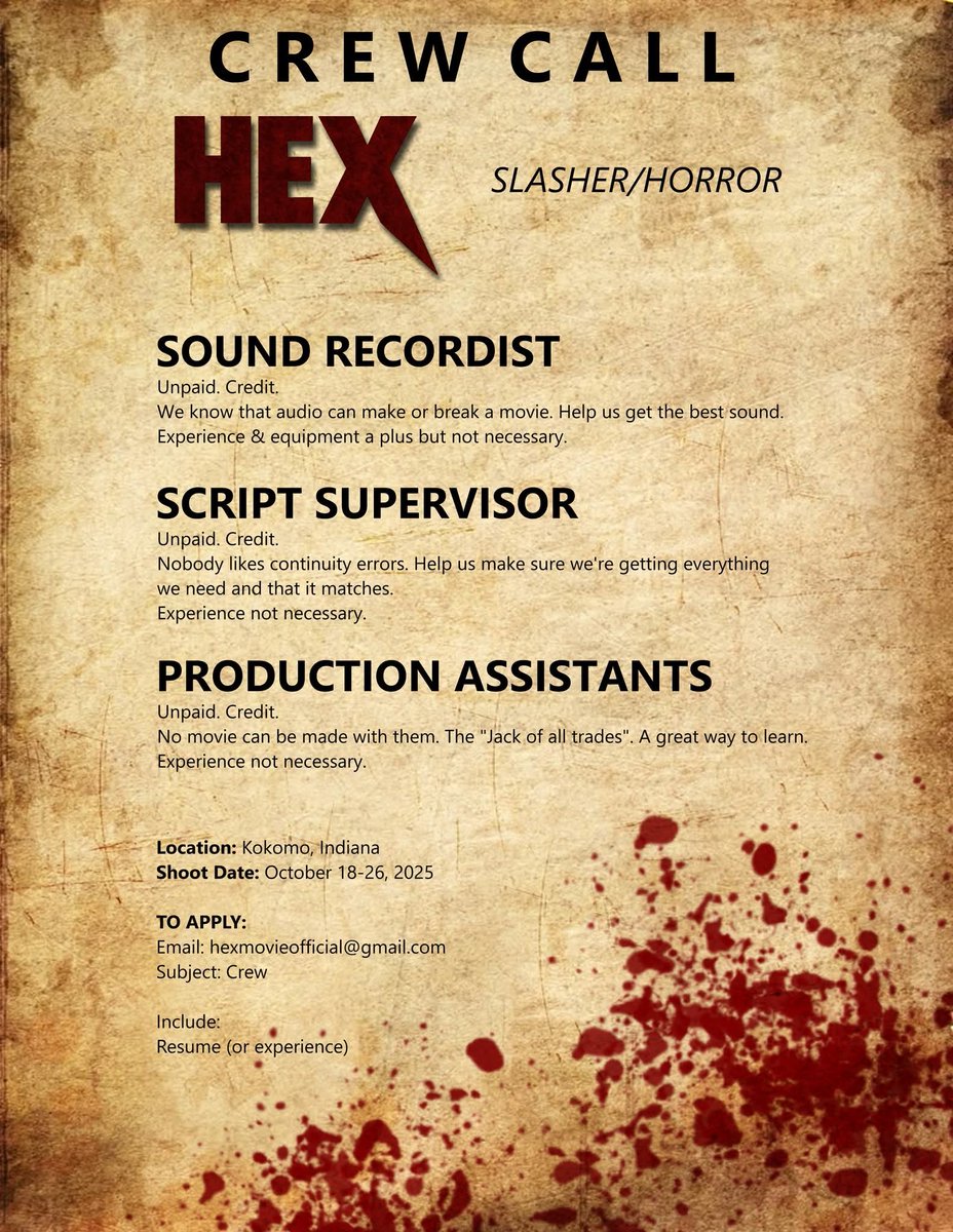 MovieHex's tweet image. CREW CALL! Searching for Sound Recordist, Script Supervisor, and Production Assistants.
#hexmovieofficial #hexmovie #summonhim #horrorfan #80shorror #horrorfilm #horrormovies #filmmaking #SupportIndieFilm #indianafilm #horrorlovers
