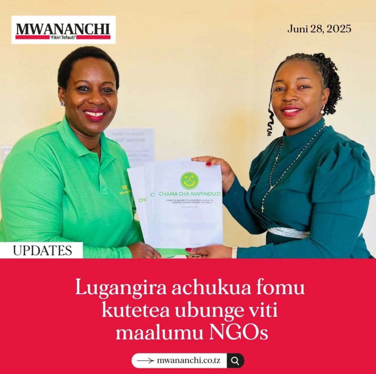 Neema Lugangira (@neemalugangira) on Twitter photo Namshukuru Mungu kwa heshima ya kuwa Mbunge VM CCM - NGOs (2020–2025). Nimejitahidi kuitendea haki nafasi hii. Leo nimechukua fomu ya kutetea nafasi hii ili nikamilishe kazi ya sekta yetu kwa maslahi ya taifa letu. Nashukuru CCM kwa kuongeza uwakilishi toka 1 hadi 2 Bara, Namshukuru Mungu kwa heshima ya kuwa Mbunge VM CCM - NGOs (2020–2025). Nimejitahidi kuitendea haki nafasi hii. Leo nimechukua fomu ya kutetea nafasi hii ili nikamilishe kazi ya sekta yetu kwa maslahi ya taifa letu. Nashukuru CCM kwa kuongeza uwakilishi toka 1 hadi 2 Bara,