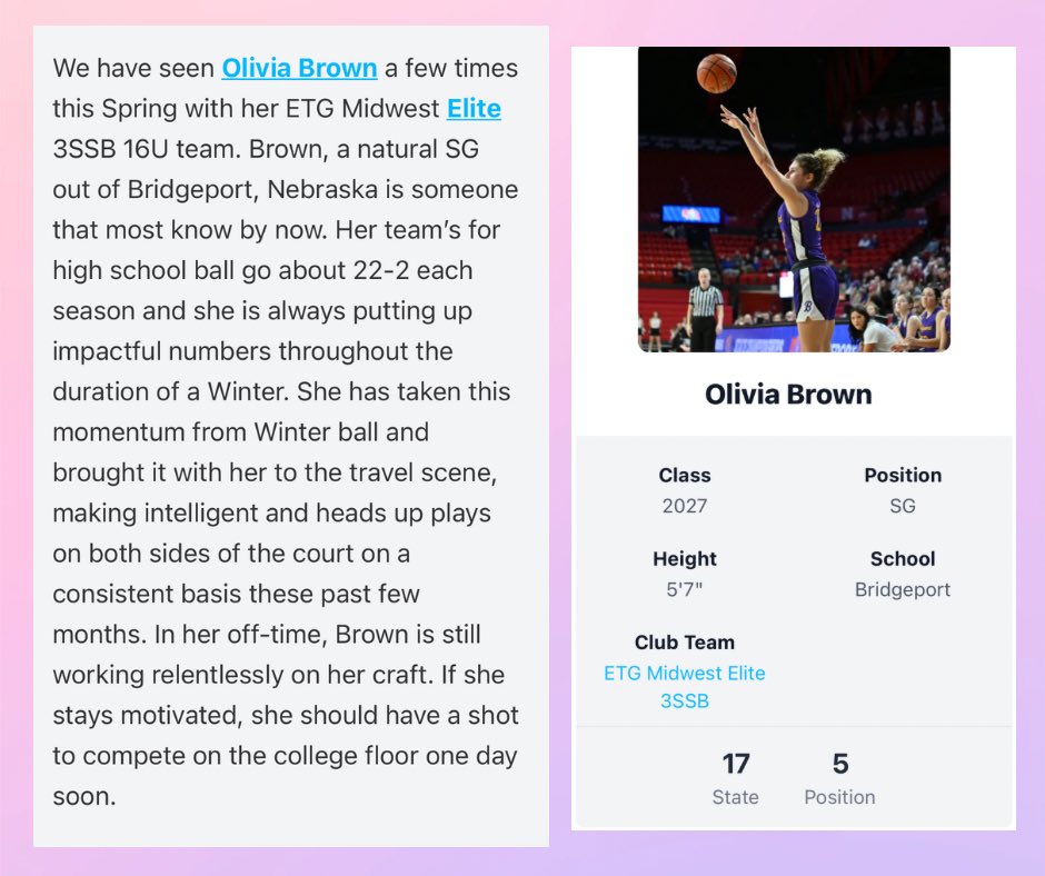 Olivia Brown (@oliviabrown_27) on Twitter photo Thank you <a href="/PGHBrooks/">Jeremy Brooks</a> for the write up for <a href="/PrepGirlsHoops/">Prep Girls Hoops 🏀</a> <a href="/PGHNebraska/">Prep Girls Hoops Nebraska</a>
I appreciate the time you put into getting exposure for women’s HS basketball in Nebraska. I am thankful to be ranked in the top 20 in my class and in the top 5 in my position. Thank you <a href="/PGHBrooks/">Jeremy Brooks</a> for the write up for <a href="/PrepGirlsHoops/">Prep Girls Hoops 🏀</a> <a href="/PGHNebraska/">Prep Girls Hoops Nebraska</a>
I appreciate the time you put into getting exposure for women’s HS basketball in Nebraska. I am thankful to be ranked in the top 20 in my class and in the top 5 in my position.