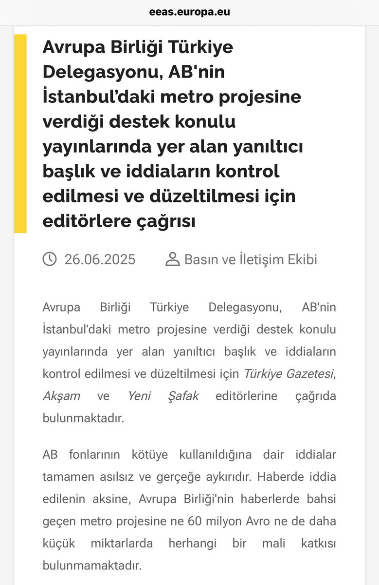 “60 milyon avro metro kredisi buhar oldu” diye yalan haber yaptılar. Avrupa Birliği Türkiye Delegasyonu bile şaştı bu kadar büyük yalana. 

İlgili açıklama; 

AB fonlarının kötüye kullanıldığına dair iddialar tamamen asılsız ve gerçeğe aykırıdır. Haberde iddia edilenin aksine,