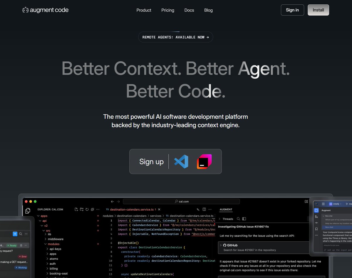 RG (@rg78641) on Twitter photo I've been using <a href="/augmentcode/">Augment Code</a> for the last couple of days, comparing it with <a href="/warpdotdev/">Warp</a> and <a href="/cursor_ai/">Cursor</a> with various LLMs.
So far, <a href="/augmentcode/">Augment Code</a> is the winner for me. It made me go back into VS code, which I didn't think I would ever do after using <a href="/cursor_ai/">Cursor</a> I've been using <a href="/augmentcode/">Augment Code</a> for the last couple of days, comparing it with <a href="/warpdotdev/">Warp</a> and <a href="/cursor_ai/">Cursor</a> with various LLMs.
So far, <a href="/augmentcode/">Augment Code</a> is the winner for me. It made me go back into VS code, which I didn't think I would ever do after using <a href="/cursor_ai/">Cursor</a>