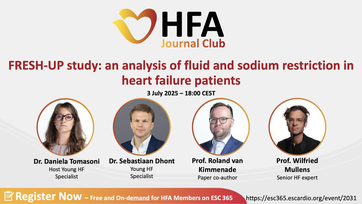 💧Fluid restriction in #HeartFailure, myth or must?

Current guidelines offer limited evidence &amp; FRESH-UP study fills the gap with real-world data on fluid &amp; sodium strategies

Join our #HFA_ESC Journal Club and:
✔️Understand the rationale, study design &amp; findings
✔️Discuss