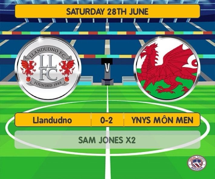 FRIENDLY RESULT:

Llandudno 0-2 Ynys Môn Men. 

Two goals from Sam Jones sends Ynys Môn off to Orkney in fine style in their final warm up game before for the Island Games. 

Thanks to Llandudno for the game and best wishes for the season ahead.