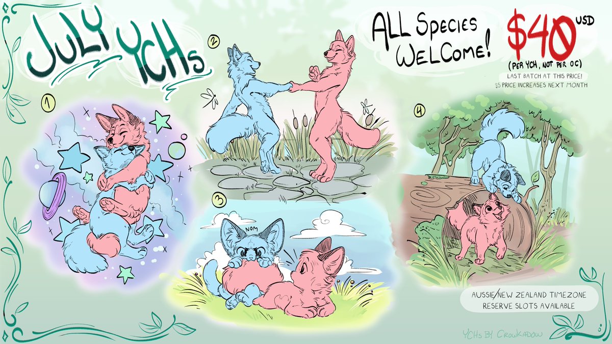 🌿🐕July YCHs🐺🌲
This will be the LAST batch at this price, i'm raising it by 💲5 next time :3c

🦆 FCFS, All species welcome!
🐰 Only 3 WEEK TAT - Till the 20th

Fill out the form below to claim!