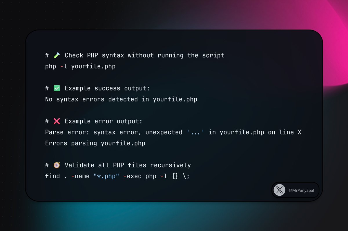 MrPunyapal's tweet photo. 🧠 PHP developers, did you know?

You can scan files for syntax errors without running code and validate your entire project with one command.

🧪 Quick error checks
🧭 One-line project validation

Cleaner code, faster. ✅ https://t.co/BHtSBIG8jv