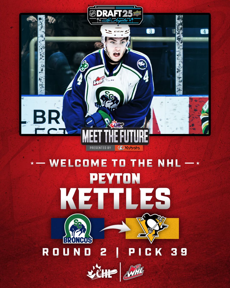 TheWHL's tweet photo. With the 39th overall pick in the second round of the 2025 #NHLDraft, the @penguins have selected defenceman Peyton Kettles from the @SCBroncos!

 #LetsGoPens https://t.co/fE5T9mkhkm