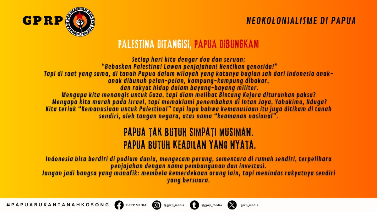 GPRP2022's tweet photo. Indonesia membela Kemerdekaan orang lain, tapi Menindas rakyatnya sendiri yang bersuara. #papuabukantanahkosong #gerakan_perjuangan_rakyat_papua #gerakanperjuanganrakyatpapua #gprp #neokolonialisme #westpapua
@pengikut 
@prabowo https://t.co/vOSxlXxV6a