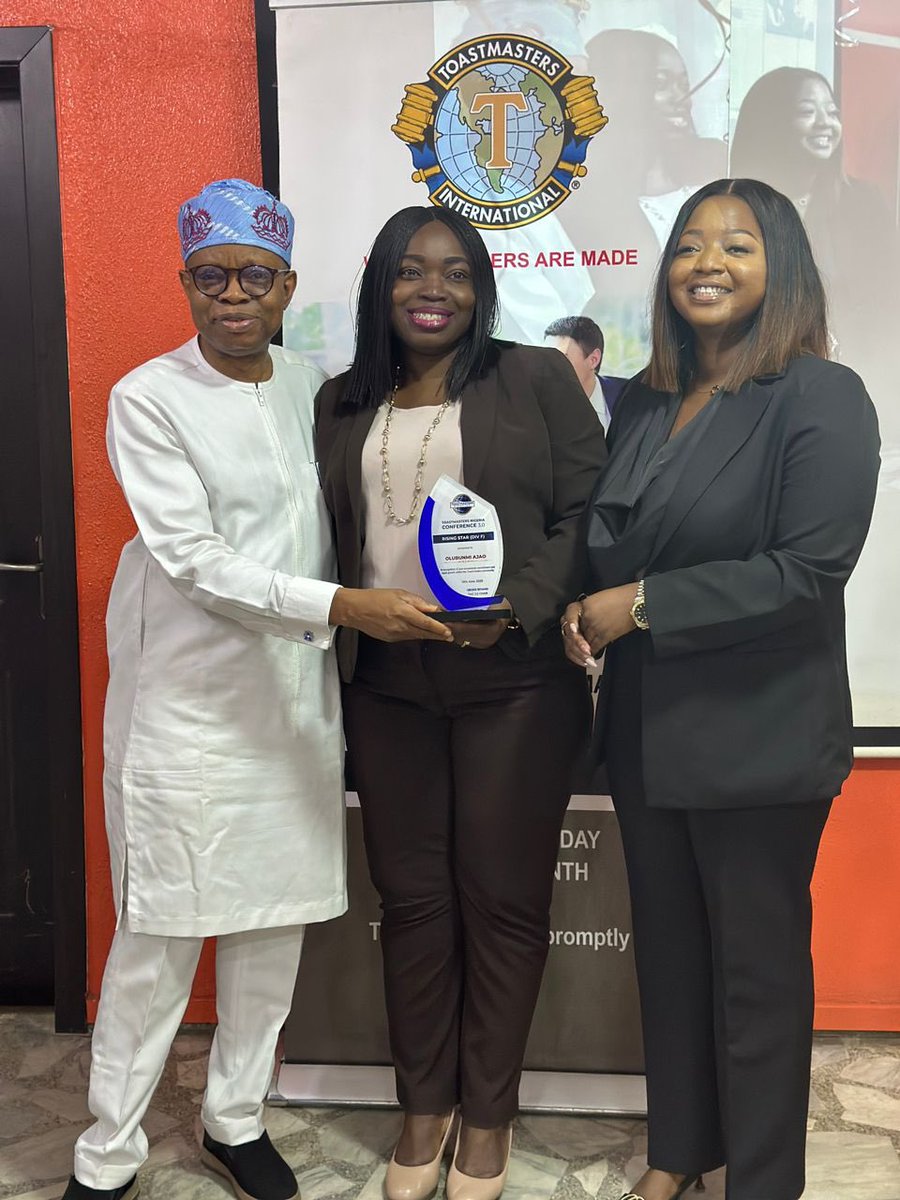 Congratulations TM Bunmi Ajao, the Treasurer on your Award as the Rising Star of Division F.

Award presented by the Charter President, Distinguish Toastmaster Lere Baale and the outgoing President, TM Bukola Ayeni.

Thank you for making us proud!