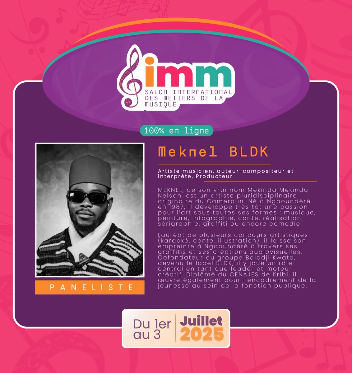 Salon_Simm's tweet image. 🎤 MEKNEL 🇨🇲
Artiste pluridisciplinaire &amp;amp; cofondateur de BLDK, il interviendra sur :
 « Choisir la ligne éditoriale et le business model de son label »
👉🏾 forms.gle/zQz2cJzJEsY53f…
#SIMM2025 #BLDK #LabelStrategy