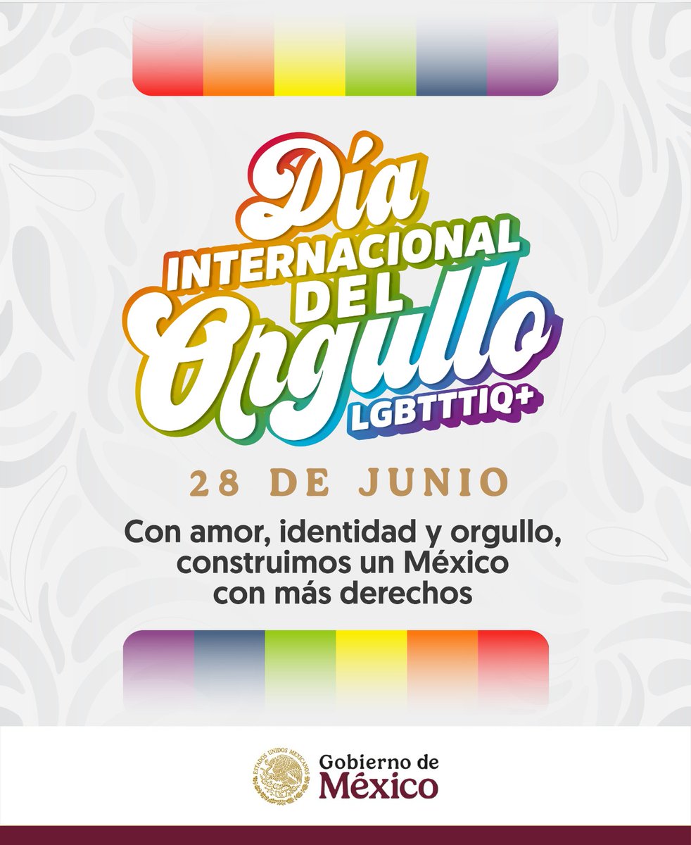 El 28 de junio se conmemora el Día Internacional del Orgullo LGBTTTIQ+. Esta fecha recuerda la lucha por la igualdad, la dignidad y la libertad de las personas LGBT+. Conoce más visitando nuestra nota del día:

gob.mx/conadis/articu…