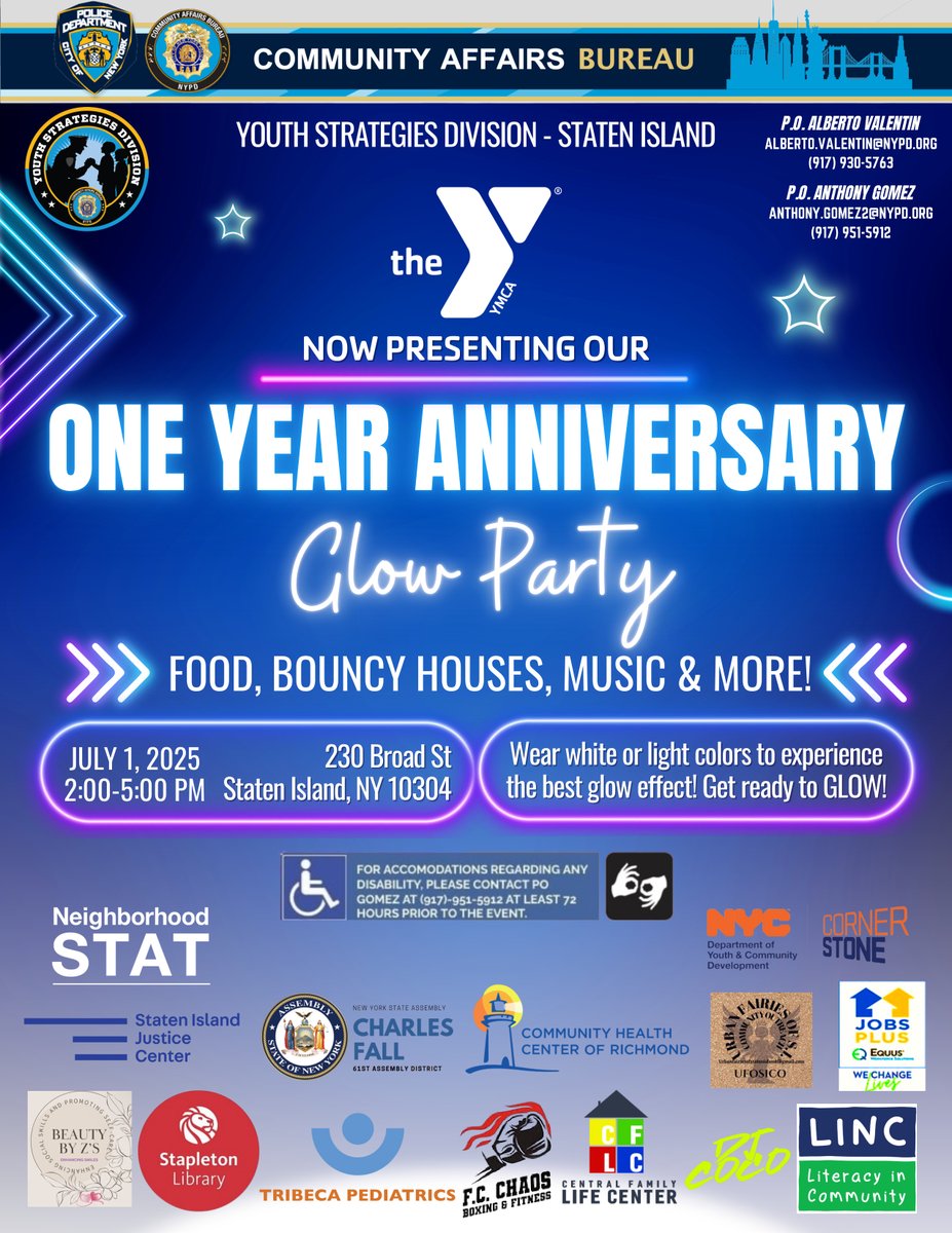 🎉🎈 Glow up with us! 🎈🎉
CFLC is proud to support the YMCA Gerard Carter Center’s One Year Anniversary Glow Party!
✨ Food 🍔 | Bouncy Houses 🏰 | Music 🎶 | Fun for all 
📍 230 Broad St, #StatenIsland
🗓️ Tuesday, July 1, 2025
🕑 2–5 PM
👕 Wear white or light colors
