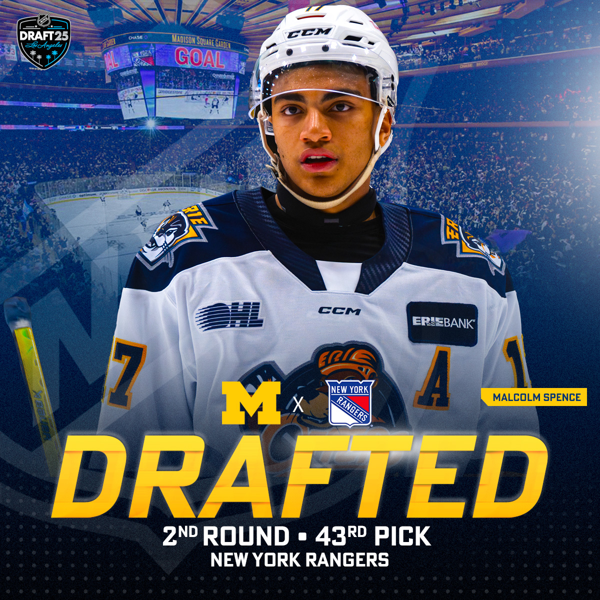 Bright Lights, Big City. Malcolm Spence is a New York Ranger! 🗽

#GoBlue〽️ #ProBlue #NHLDraft