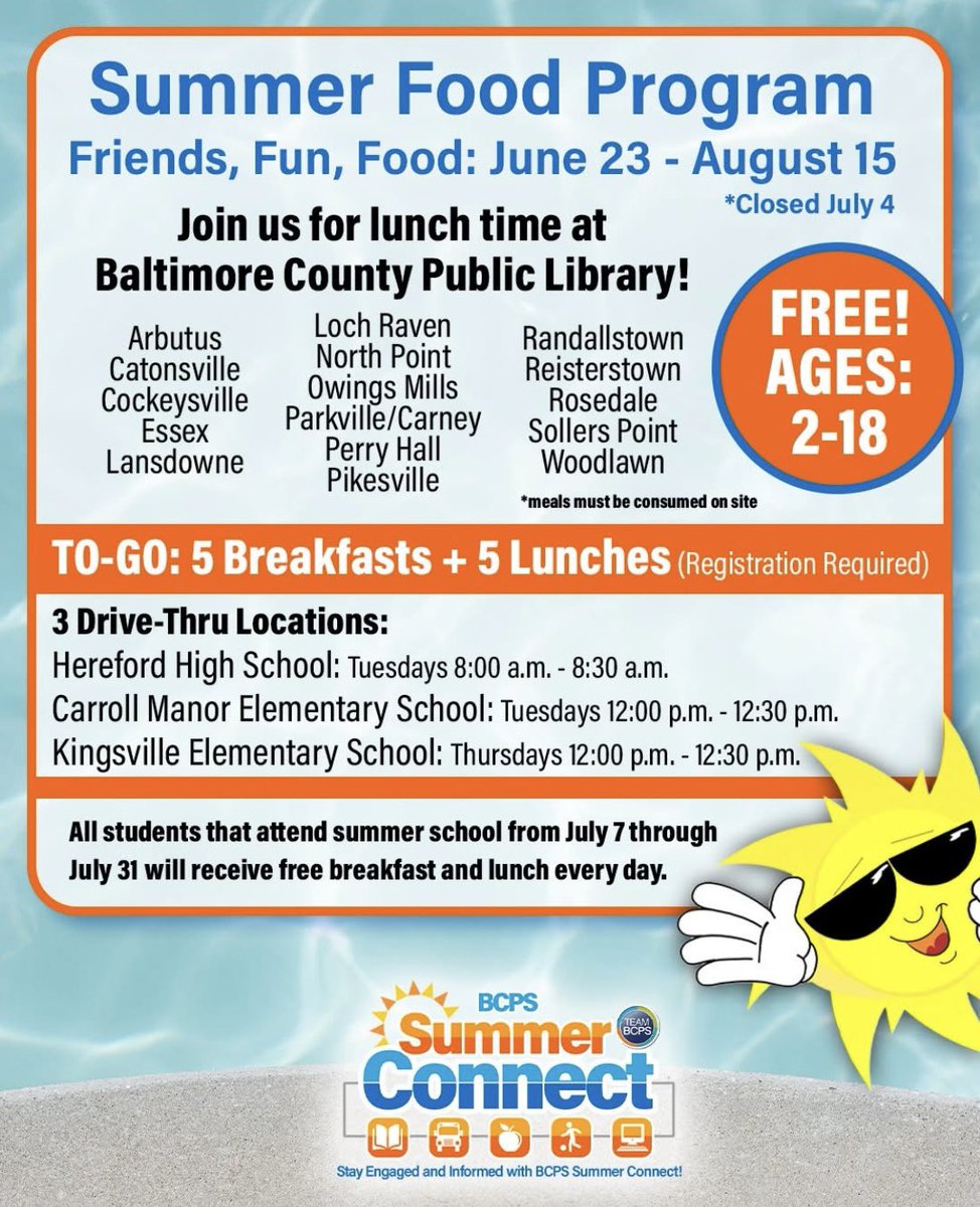 Spread the word! The BCPS Summer Food Service Program is scheduled for June 23 - August 15! Learn more at bcps.org/foodandnutriti…