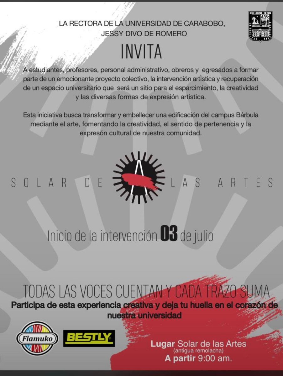 Nuestra amada ⁦<a href="/UCarabobo/">Universidad de Carabobo</a>⁩ nos convoca a todos sin excepción. Cada uno de nosotros representa la fuerza necesaria para continuar recuperando nuestros espacios. Acompáñanos el próximo jueves 3 de julio. Paleta, rodillo, brocha…y manos a la obra
