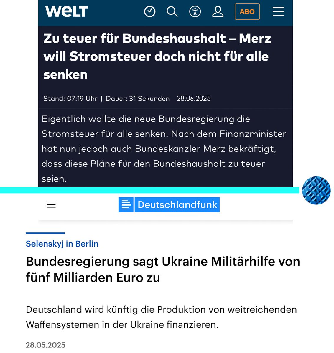 MichaelBur89260's tweet image. 28.06.2025:
„Zu teuer für Bundeshaushalt – Merz will Stromsteuer doch nicht für alle senken“
28.05.2025:
„Bundesregierung sagt Ukraine Militärhilfe von fünf Milliarden Euro zu
Arbeitet schneller, länger und härter.
Die Flüchtelanten und Ukros brauchen Euch.