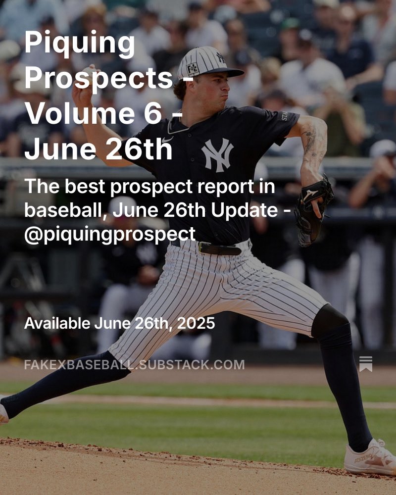 PiquingProspect's tweet image. Vol. 6 of Piquing Prospects is free &amp;amp; unlocked for all readers! Vol. 6 includes 5 in-depth reports on some of the hottest fantasy baseball prospects in the game! Plus, the return of Bowman Buys! 📈

JJ Wetherholt 🔥
Jhonny Level 🤔
Cam Schlittler 👀 

And more! 🔗 below! 👇